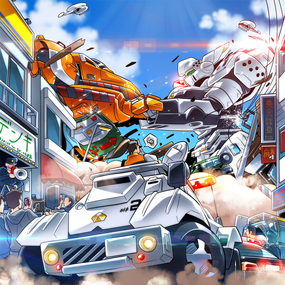1girl, 6+boys, action, aircraft, armored_vehicle, battle, brown_hair, building