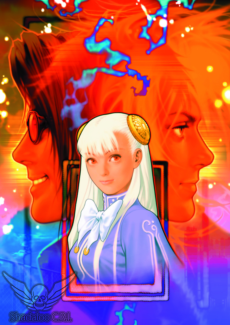 1girl, 2boys, bow, capcom, capcom_fighting_allstars, capcom_fighting_jam, capelet, concept_art