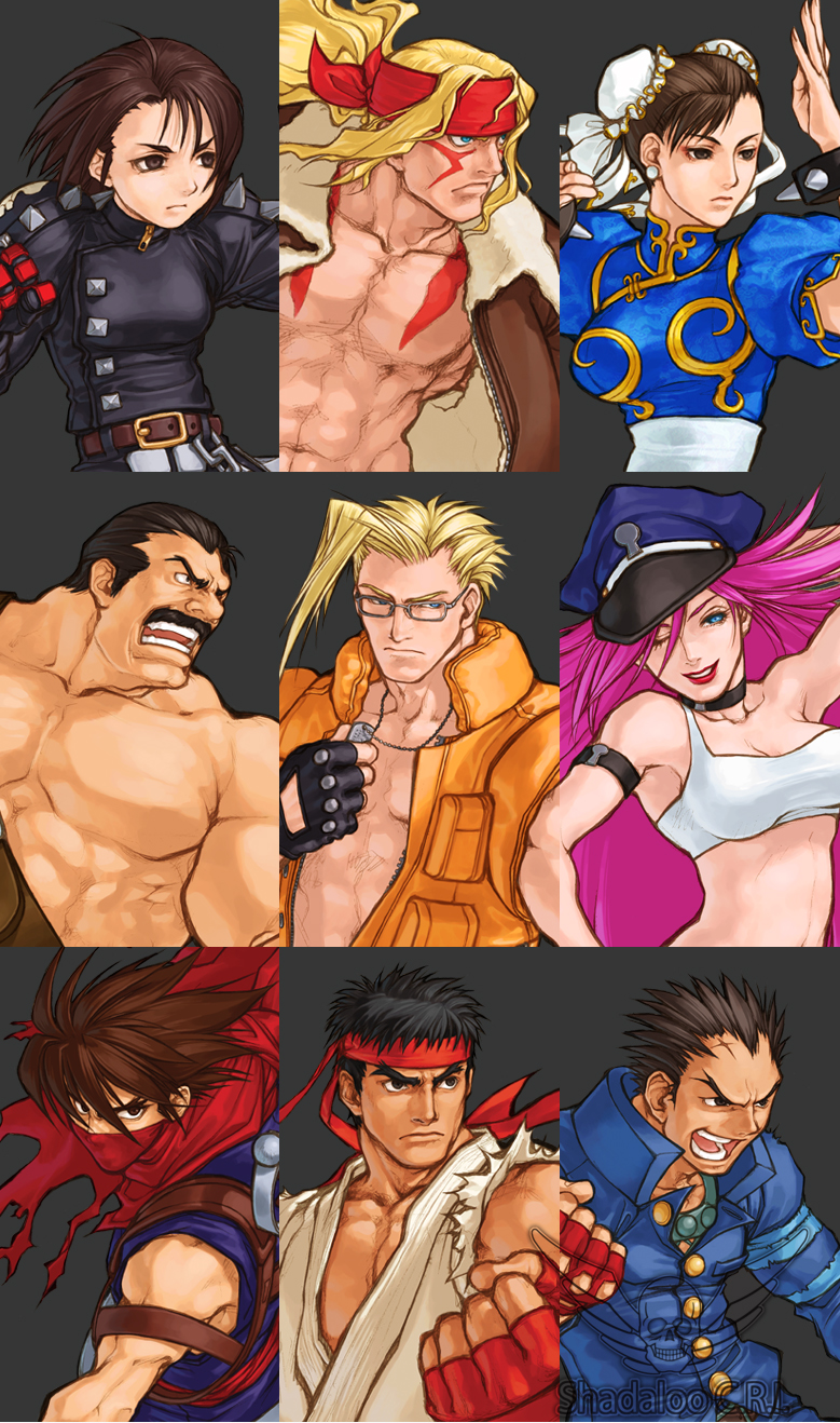 3girls, 6+boys, 90s, ;), abs, alex_(street_fighter), armband, artist_request