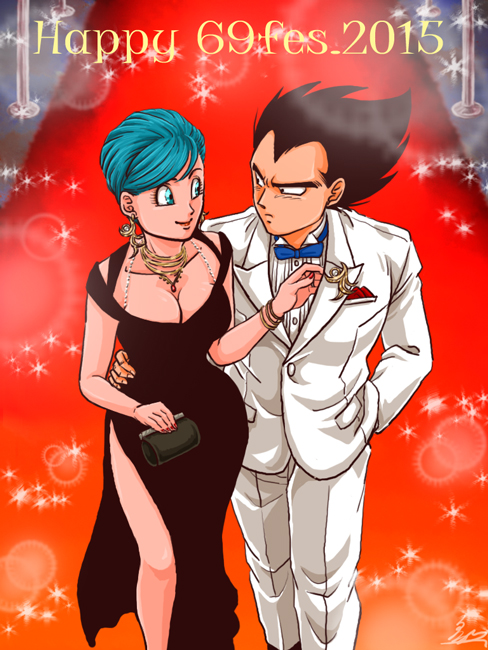 1boy, 1girl, arm_around_waist, bag, black_dress, black_hair, blue_eyes, blue_hair, bow, bowtie, breasts, bulma, cleavage, curvy, dragon_ball, dress, earrings, eye_contact, eyebrows, formal, hand_in_pocket, handbag, husband_and_wife, jewelry, karasuma_raul, long_dress, looking_at_another, medium_breasts, short_hair, side_slit, slender_waist, suit, vegeta, white_suit