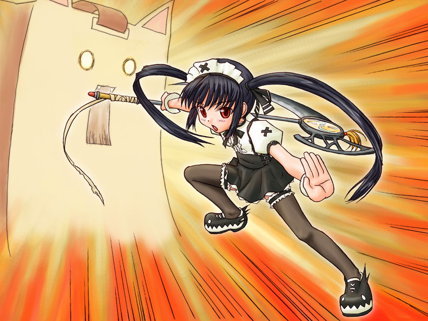fighting_stance, glave, kooh, long_hair, pangya, pantyhose, papel, red_eyes