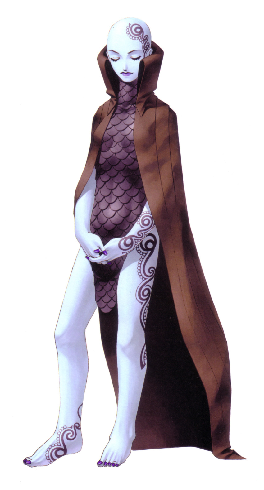 1girl, bald, barefoot, blue_skin, cape, closed_eyes, folded_hands, high_collar