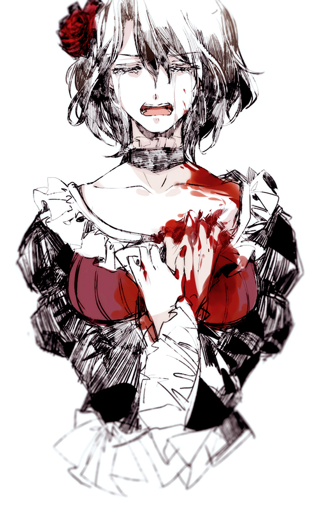 1girl, beatrice, beatrice_(cosplay), blood, choker, closed_eyes, cosplay, crying
