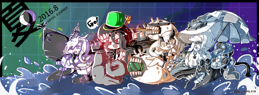 4girls, :d, :o, ahoge, anchor, asymmetrical_horns, ball, barefoot