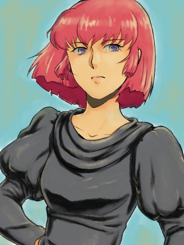 1girl, blue_eyes, breasts, cape, gundam, haman_karn, pink_hair, short_hair, solo, yamami-hosyo, zeta_gundam