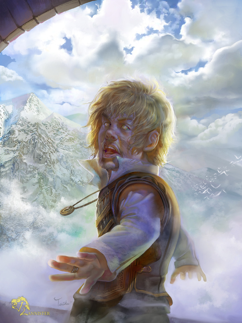 1boy, a_song_of_ice_and_fire, artist_name, back, beard, bird, blonde_hair, clouds, dwarf, facial_hair, green_eyes, injury, jewelry, mountain, necklace, open_mouth, ring, sky, solo, teeth, teiiku_(artist), tyrion_lannister, upper_body