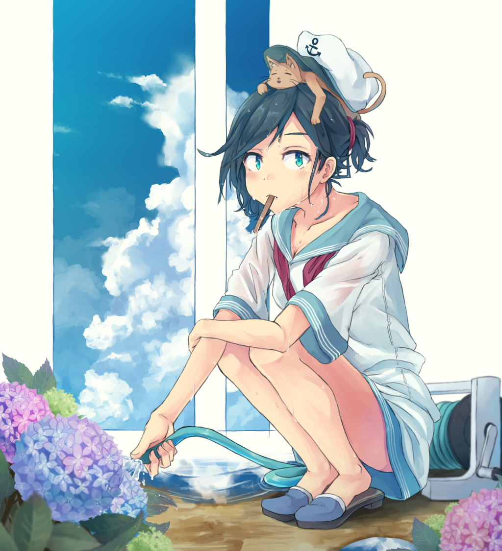 1girl, alternate_hairstyle, anchor_symbol, animal, animal_on_head, bangs, bare_arms, bare_legs