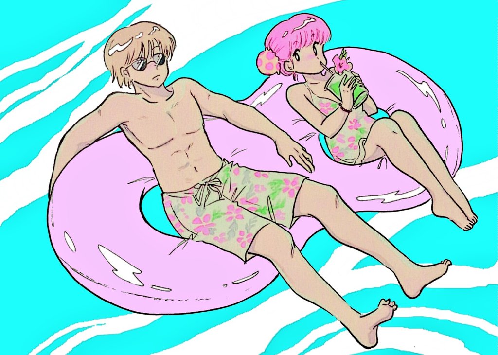 1boy, 1girl, brown_hair, double_bun, drinking, floral_print, gintama, glasses