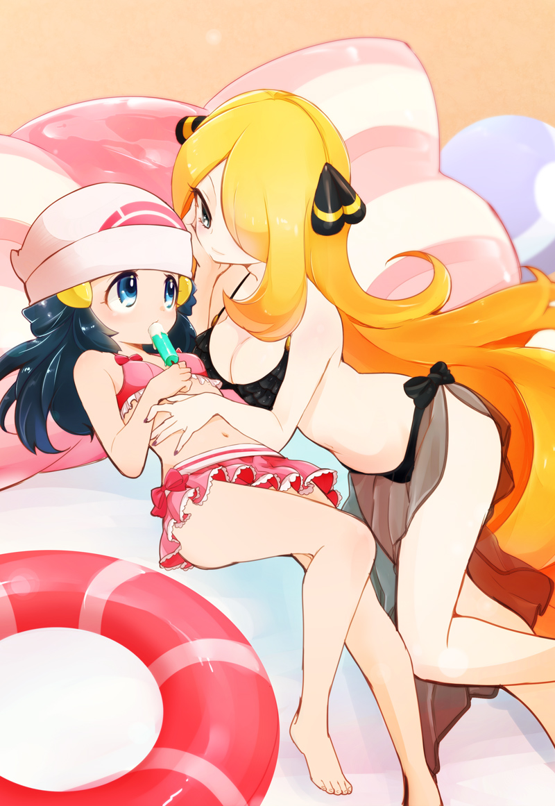 00s, 2girls, age_difference, arm_support, ball, bare_arms, bare_legs, barefoot, beachball, beanie, bikini, bikini_skirt, black_bikini, black_hair, blonde_hair, blue_eyes, blurry, blush, breasts, chorimokki, cleavage, closed_mouth, depth_of_field, food, food_in_mouth, hair_ornament, hair_over_one_eye, hand_on_another's_stomach, hand_on_own_cheek, hat, head_rest, hikari_(pokemon), holding, holding_food, innertube, long_hair, looking_at_another, lying, medium_breasts, mouth_hold, multiple_girls, nail_polish, navel, on_back, on_bed, on_side, one_eye_covered, pillow, pink_bikini, pokemon, pokemon_(game), pokemon_dppt, popsicle, sarong, see-through, shirona_(pokemon), side-tie_bikini, small_breasts, smile, stomach, striped, swimsuit, yuri