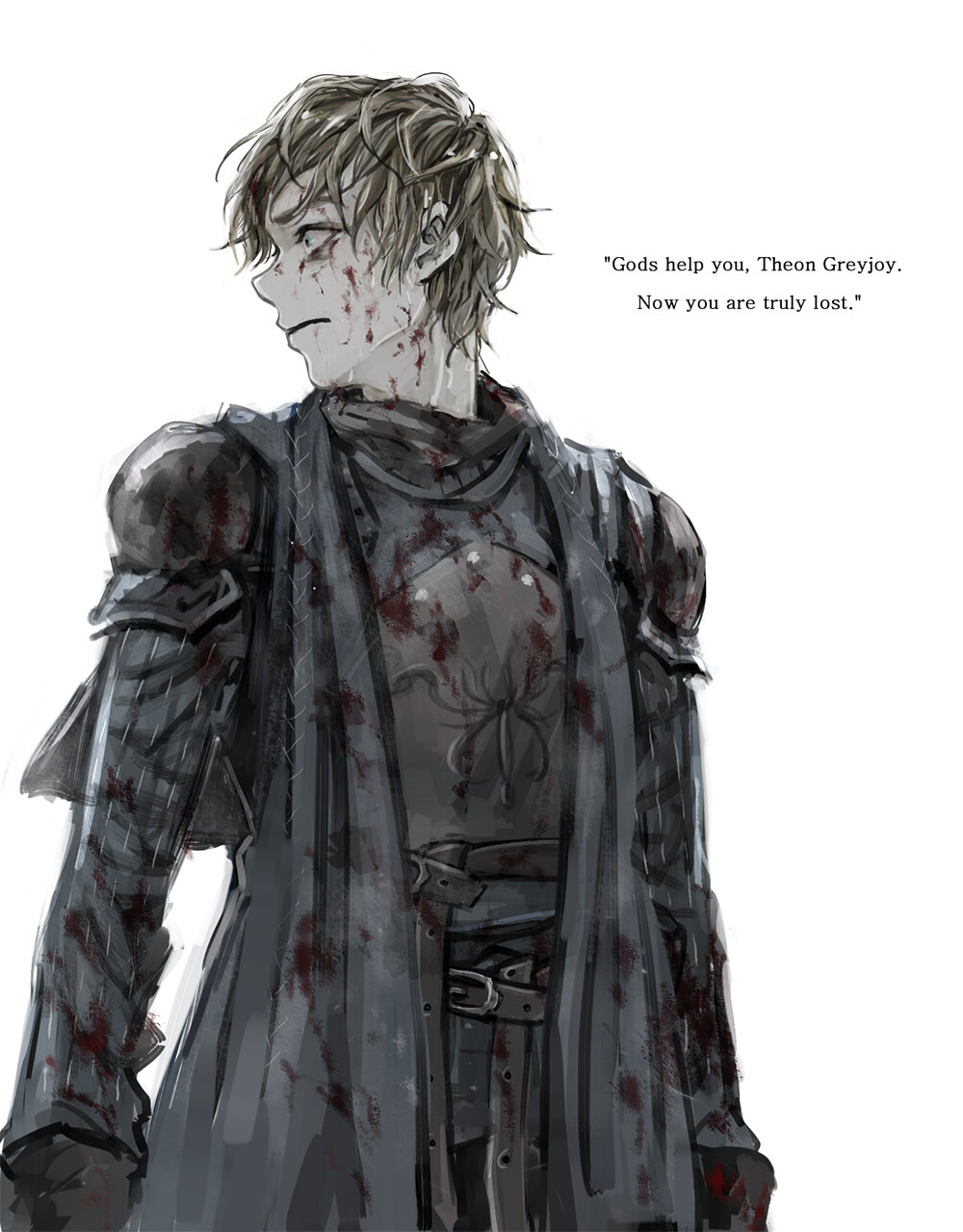 1boy, a_song_of_ice_and_fire, armor, belt, blood, blood_on_face, blue_eyes, brown_hair