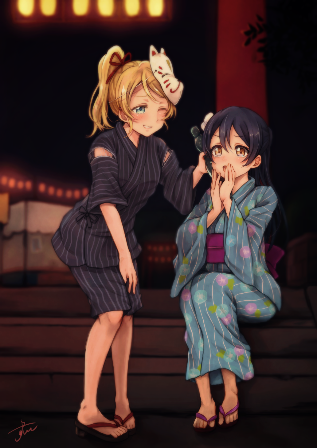 2girls, ayase_eli, bangs, blonde_hair, blue_eyes, blue_hair, bottle_to_cheek, covering_mouth