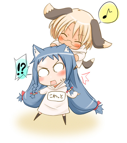 ayase_yue, bite, biting, blonde_hair, blue_hair, braid, cat_ears, chibi