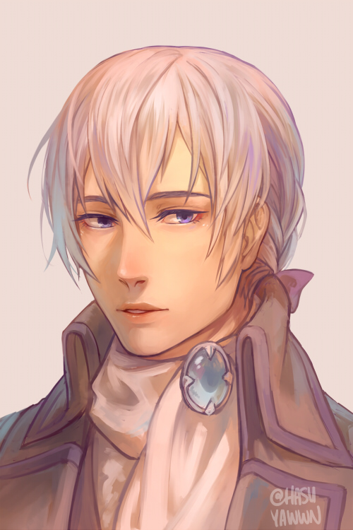 1boy, artist_name, fire_emblem, fire_emblem_if, grey_background, hasuyawn, joker_(fire_emblem_if), low_ponytail