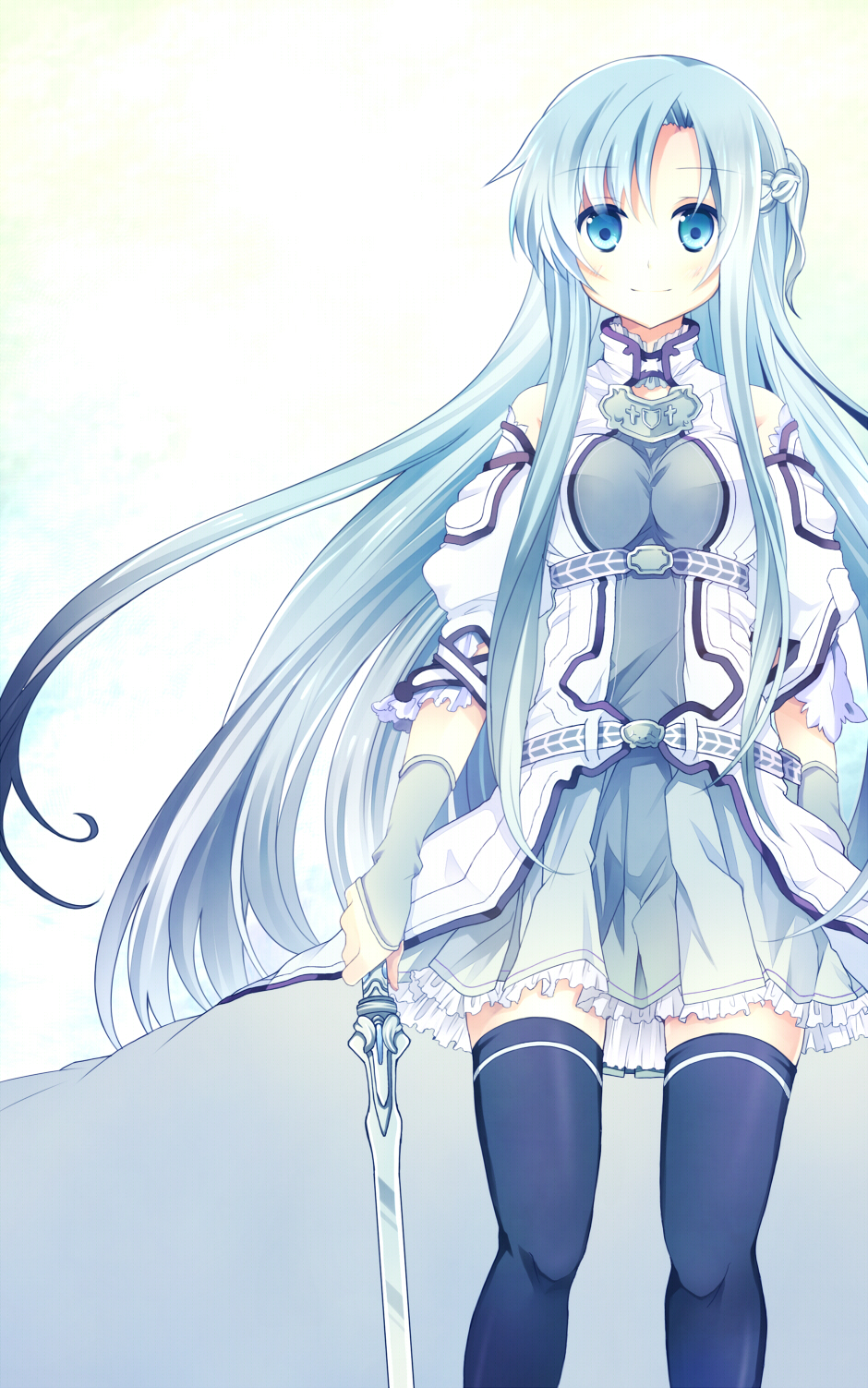 1girl, asuna_(sao), asuna_(sao-alo), blue_eyes, blue_hair, blue_legwear, blue_skirt, hanahubuki1991