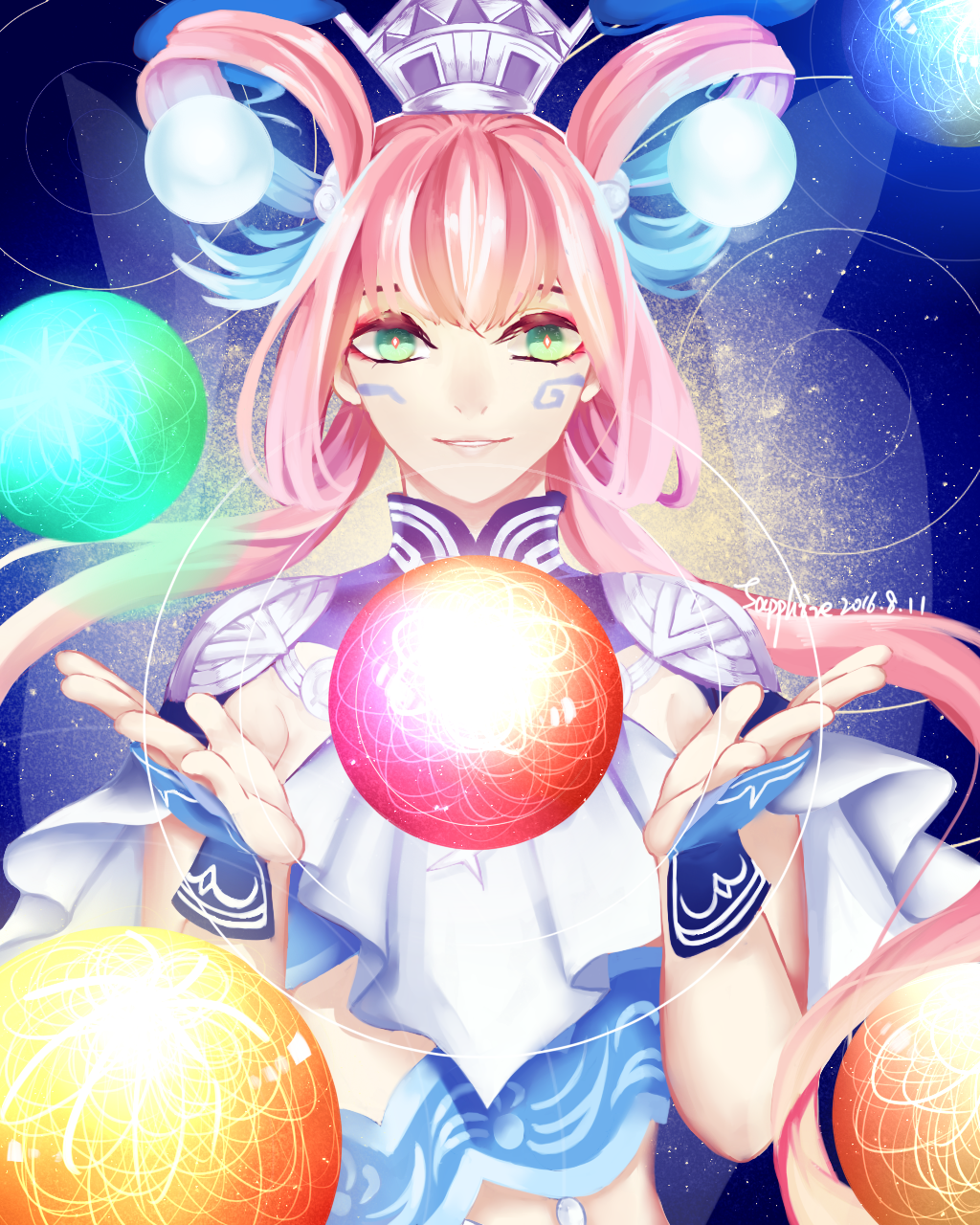 1girl, artist_name, crystal_ball, dated, diamond-shaped_pupils, facial_mark, green_eyes, hair_ornament, highres, lixia, long_hair, pink_hair, r_sapphire, shin_sangoku_musou, symbol-shaped_pupils, twintails, upper_body