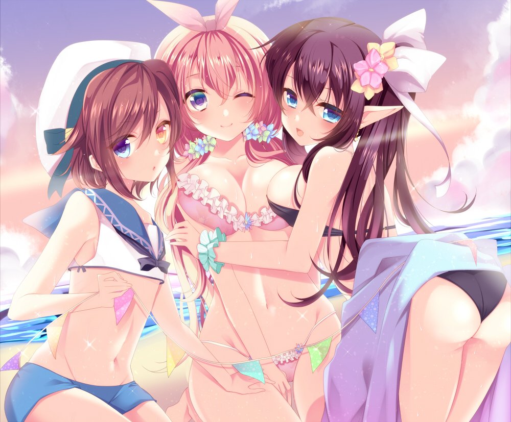 3girls, :o, agekichi_(heart_shape), ass, beach, bikini, black_bikini, blue_eyes