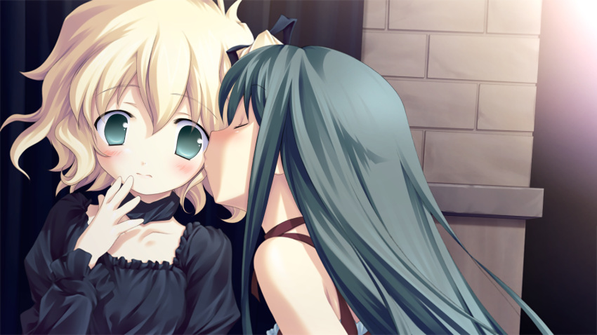 2girls, angelina_rocca, belle_(katahane), blonde_hair, cheek_kiss, closed_eyes, dutch_angle, fue_(tsuzuku)