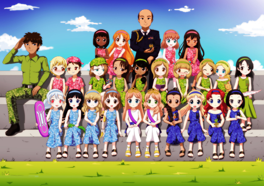 2boys, 6+girls, bald, bbmbbf, black_hair, blonde_hair, blue_eyes, brown_eyes