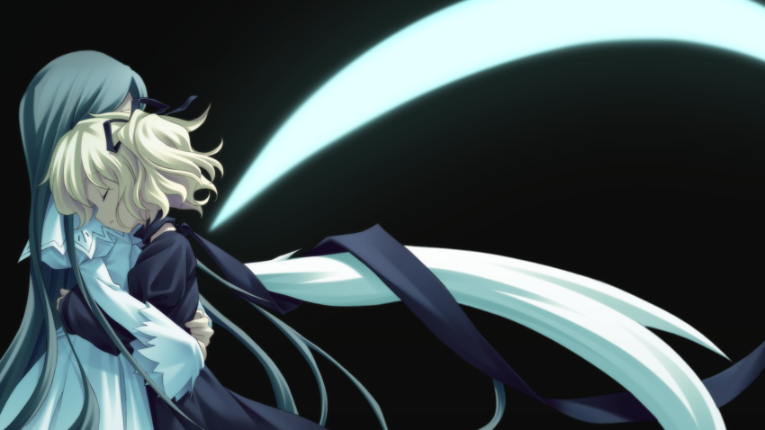 2girls, angelina_rocca, belle_(katahane), black_background, blonde_hair, closed_eyes, fue_(tsuzuku), game_cg