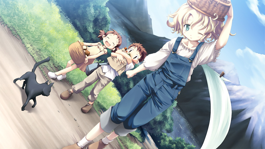 1boy, 2girls, bag, basket, belle_(katahane), black_cat, blonde_hair, blouse, blue_sky, bread, brown_hair, brown_shoes, bush, carrying, cat, character_request, closed_eyes, clouds, curly_hair, dress, dutch_angle, food, frilled_sleeves, frills, fue_(tsuzuku), game_cg, grass, green_eyes, highres, holding, katahane, lake, messenger_bag, mountain, multiple_girls, one_eye_closed, open_mouth, outdoors, overalls, pants, paper_bag, pigtails, ruffled_sleeves, shoes, short_hair, sky, smile, socks, standing, tree, white_legwear, white_shirt, white_shoes, white_socks, wings