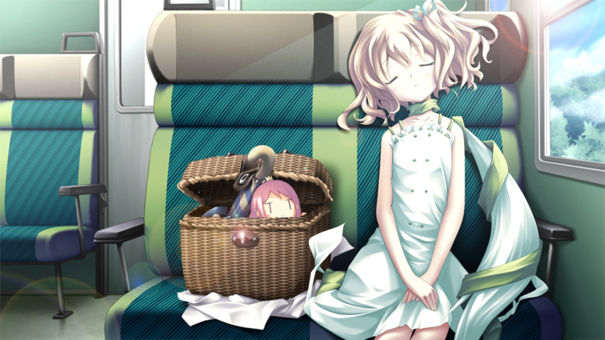 1girl, basket, belle_(katahane), blonde_hair, bow, chibi, closed_eyes, curly_hair