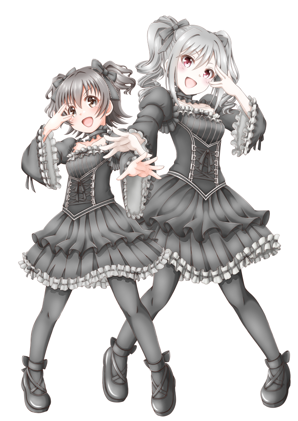 2girls, :d, akagi_miria, black_hair, black_legwear, breasts, cosplay, full_body, gothic_lolita, highres, idolmaster, idolmaster_cinderella_girls, kanzaki_ranko, kanzaki_ranko_(cosplay), lolita_fashion, long_hair, matching_outfit, multiple_girls, open_mouth, pantyhose, pose, regular_mow, short_hair, silver_hair, simple_background, smile, twintails