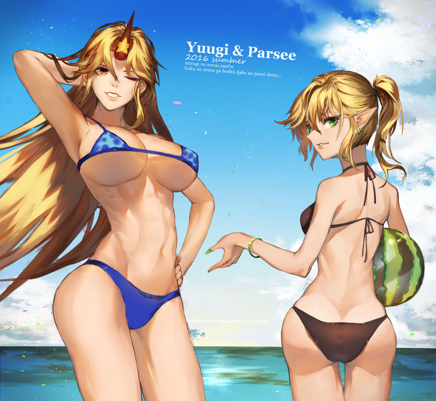 2016, 2girls, armpits, ass, back, bikini, black_bikini, blonde_hair