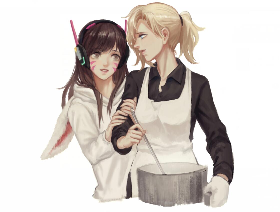 2girls, animal_hood, apron, bangs, black_shirt, blonde_hair, blue_eyes, brown_eyes