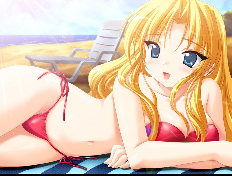 bikini, blonde_hair, blue_eyes, emily_(pure_dream), long_hair, lounge_chair, moero_downhill_night_2, navel