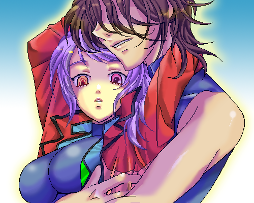 1girl, anew_returner, breasts, brown_hair, couple, gundam, gundam_00, heterochromia