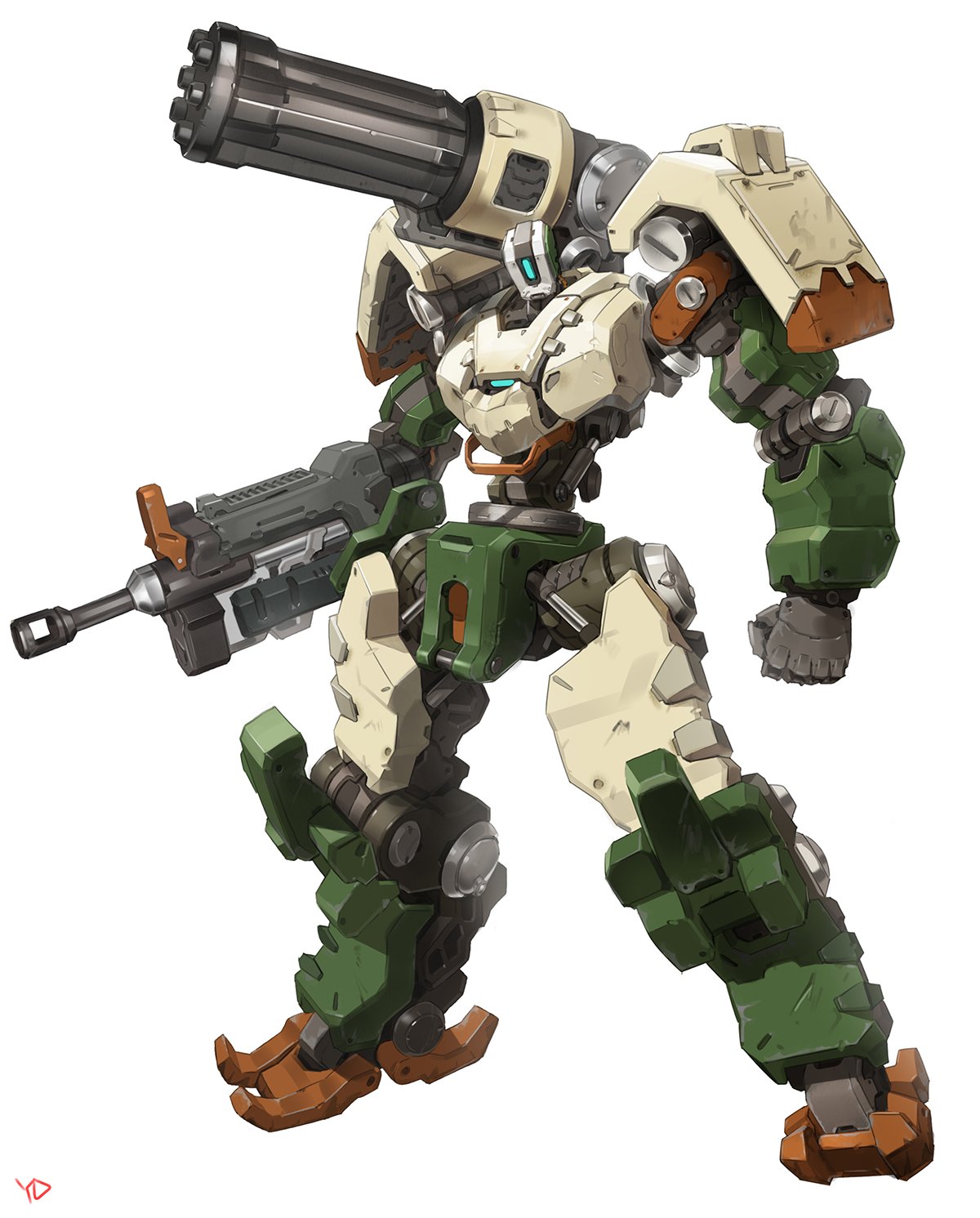 arm_cannon, artist_name, bastion_(overwatch), chain_gun, clenched_hand, full_body, gatling_gun, gun