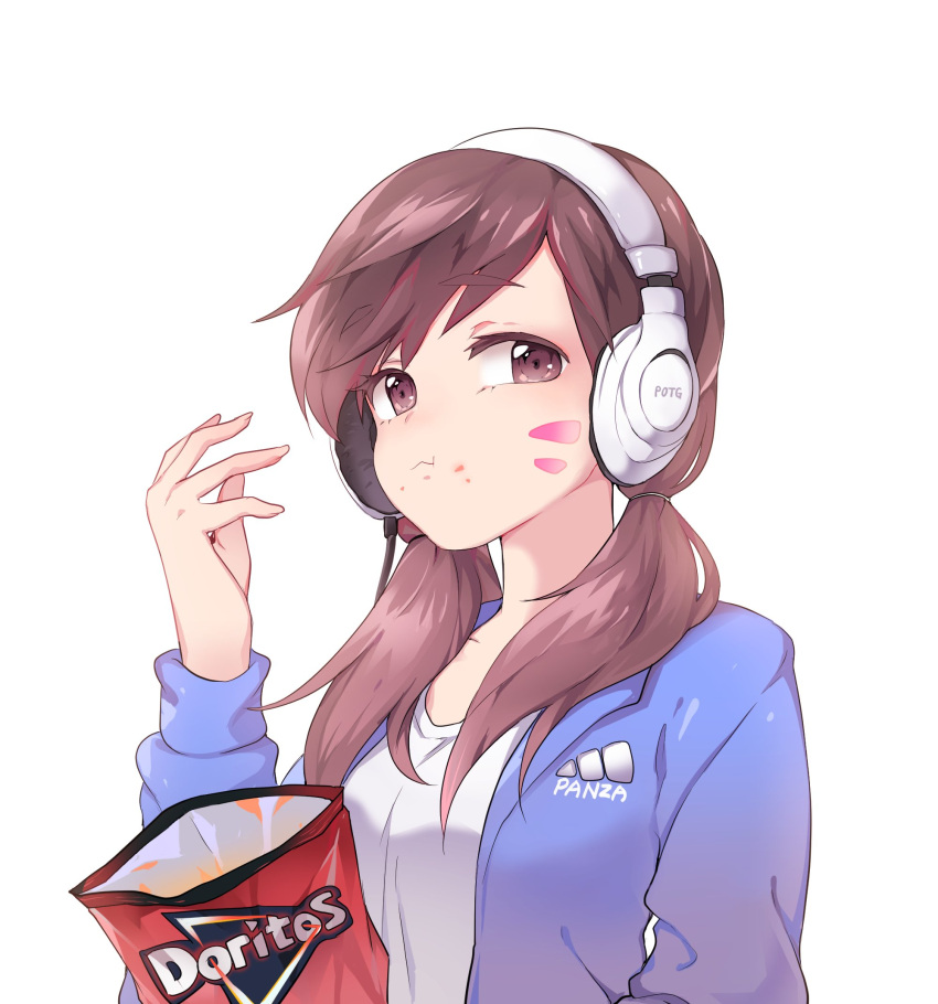 1girl, alternate_hairstyle, artist_name, blue_jacket, brand_name_imitation, brown_eyes, brown_hair, clothes_writing