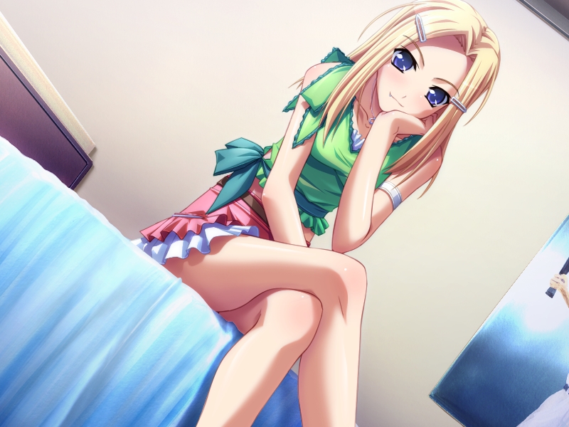 blonde_hair, blue_eyes, chin_rest, crossed_legs, dutch_angle, fang, horiuchi_sana, long_hair