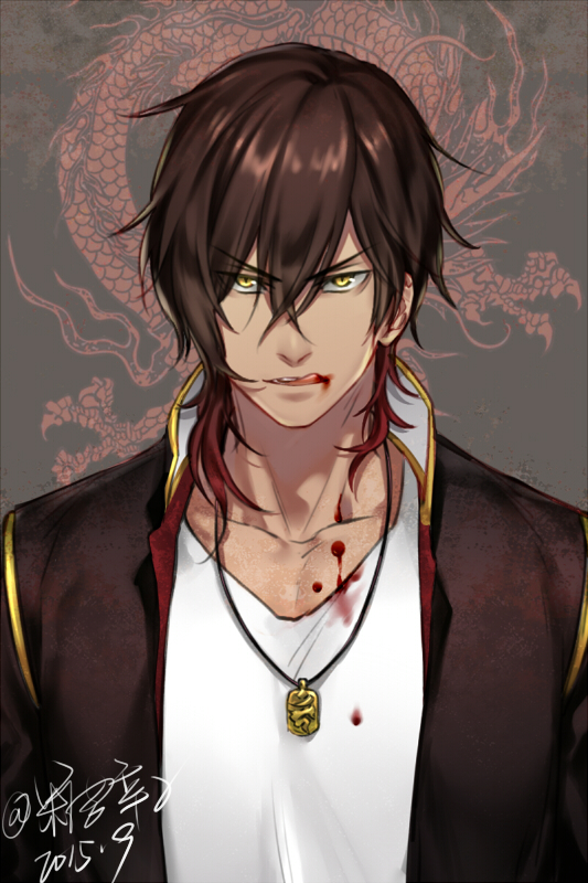 1boy, blood, brown_hair, candytang442494812, collarbone, dark_skin, dragon, jacket, licking, looking_at_viewer, male_focus, multicolored_hair, necklace, ookurikara, personification, redhead, simple_background, solo, tongue, tongue_out, touken_ranbu, two-tone_hair, yellow_eyes