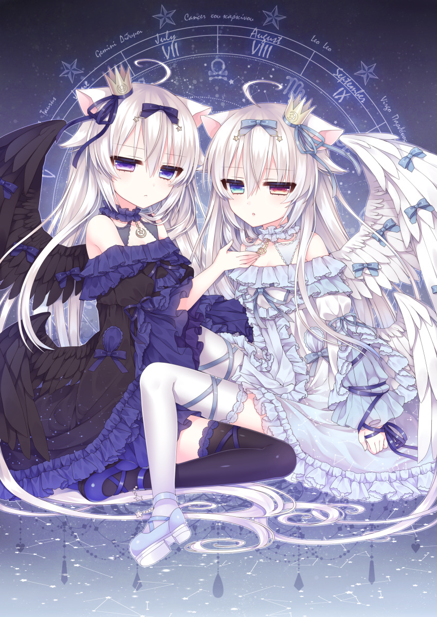 2girls, absurdres, animal_ears, black_legwear, cat_ears, dress, gothic_lolita, heterochromia