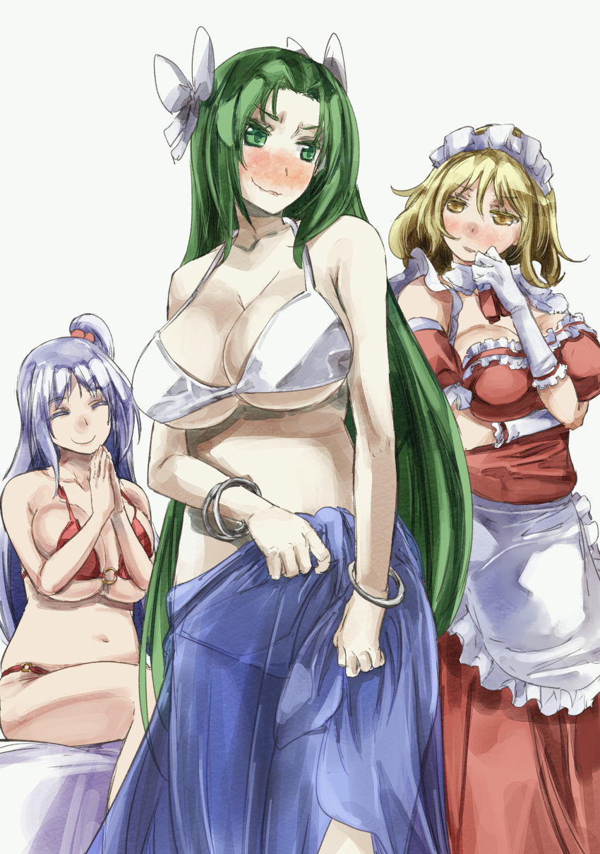 3girls, ^_^, bare_shoulders, belly, bikini, blonde_hair, blush, bracelet