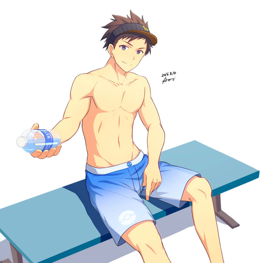 10s, 1boy, aoi_taishi, bench, blue_eyes, bottle, brown_hair, dated