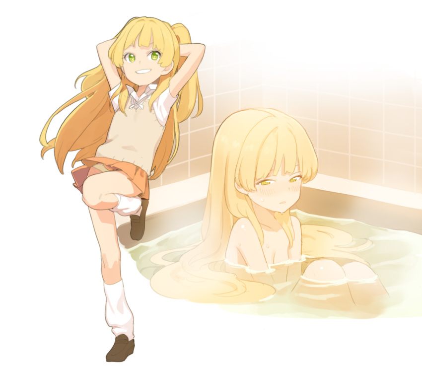 1girl, alternate_hairstyle, arms_behind_head, arms_up, bath, bathing, bathtub, blonde_hair
