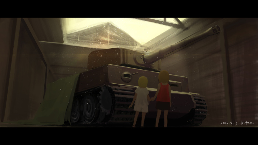 2girls, artist_name, blonde_hair, brown_hair, cannon, dated, from_behind, garage