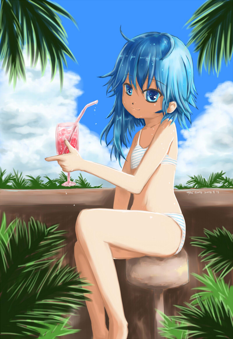1girl, asymmetrical_hair, bikini, blue_eyes, blue_hair, clouds, d-rev_g, drink