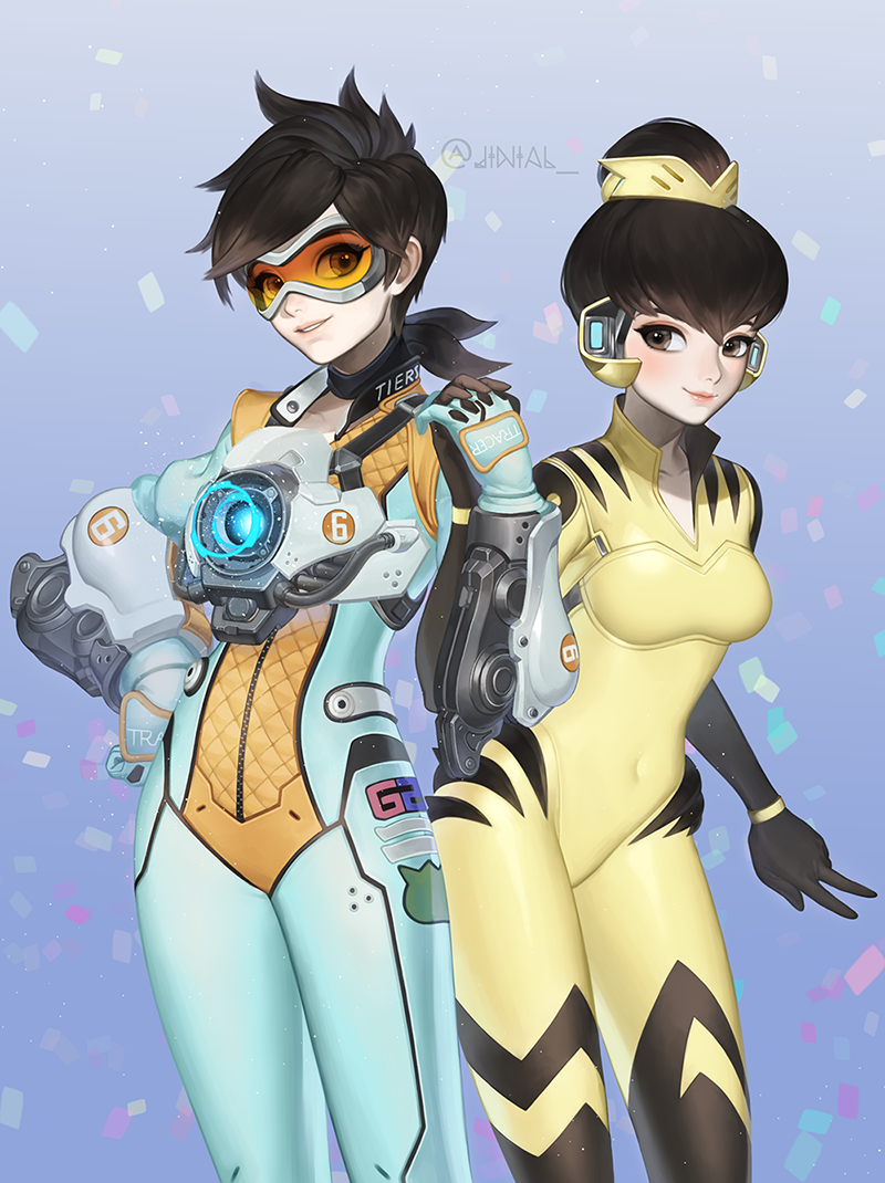 2girls, alternate_color, alternate_costume, b.va_(overwatch), bangs, blue_background, bodysuit, bomber_jacket