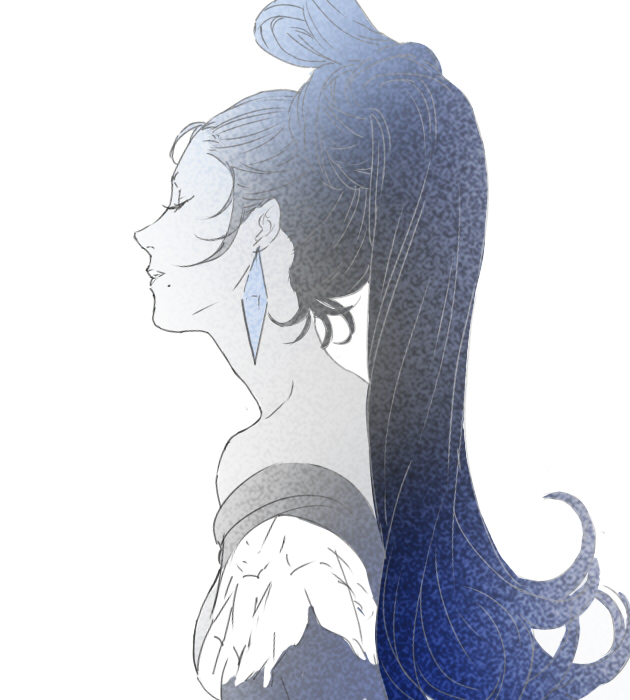 00s, 1girl, bare_shoulders, blue_hair, closed_eyes, closed_mouth, earrings, egawa_satsuki