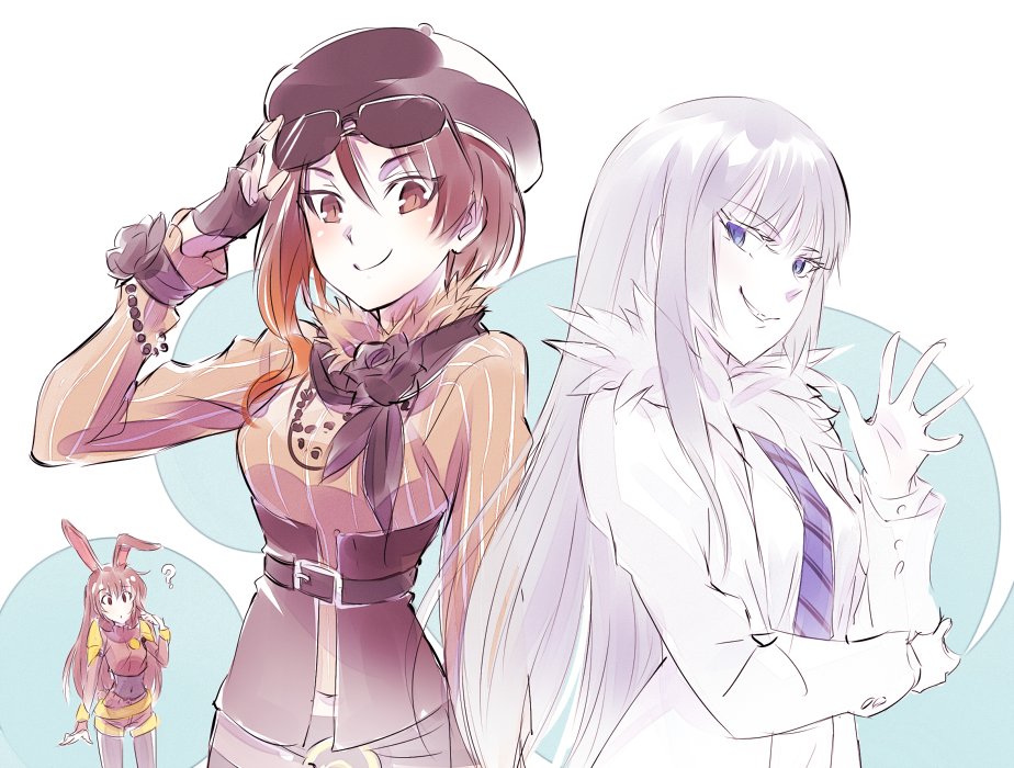 3girls, asymmetrical_hair, beret, blue_eyes, brown_eyes, brown_hair, coco_adel, colored_eyelashes