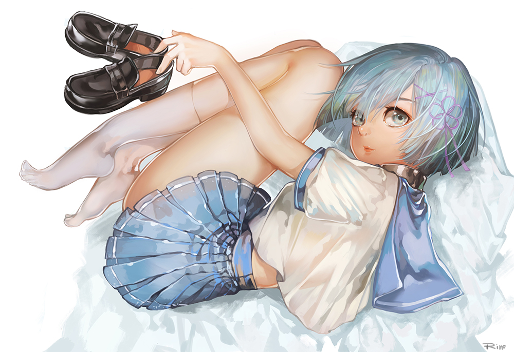 1girl, artist_name, blouse, blue_eyes, blue_hair, blue_skirt, crop_top, feet, from_side, hair_ornament, hair_ribbon, loafers, lying, miniskirt, no_shoes, pleated_skirt, purple_ribbon, re:zero_kara_hajimeru_isekai_seikatsu, rem_(re:zero), ribbon, rino_(1992085710), school_uniform, serafuku, shiny, shiny_clothes, shiny_skin, shoes, shoes_removed, short_hair, short_sleeves, skirt, socks, solo, toes, white_blouse, white_legwear, x_hair_ornament