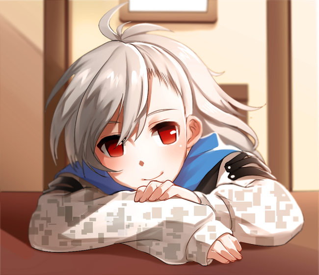 1girl, asymmetrical_bangs, bangs, blush, boba, chin_rest, closers, hood, hoodie, long_hair, looking_at_viewer, no_pupils, red_eyes, silver_hair, sleeves_past_wrists, smile, solo, tina_(closers)