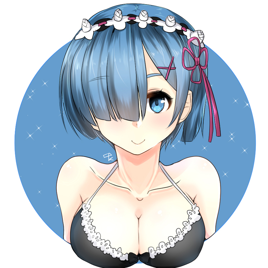 1girl, arms_at_sides, black_bra, blue_eyes, blue_hair, bra, breasts, capoki