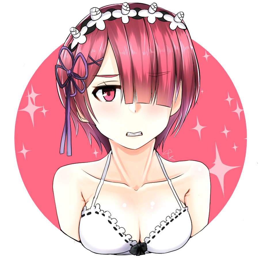 annoyed, arms_at_sides, breasts, capoki, clenched_teeth, collarbone, hair_ornament, hair_over_one_eye