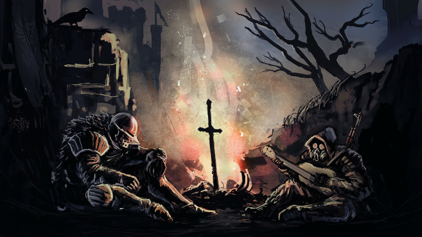 2boys, ak-47, armor, artist_request, assault_rifle, banner, bare_tree, bird