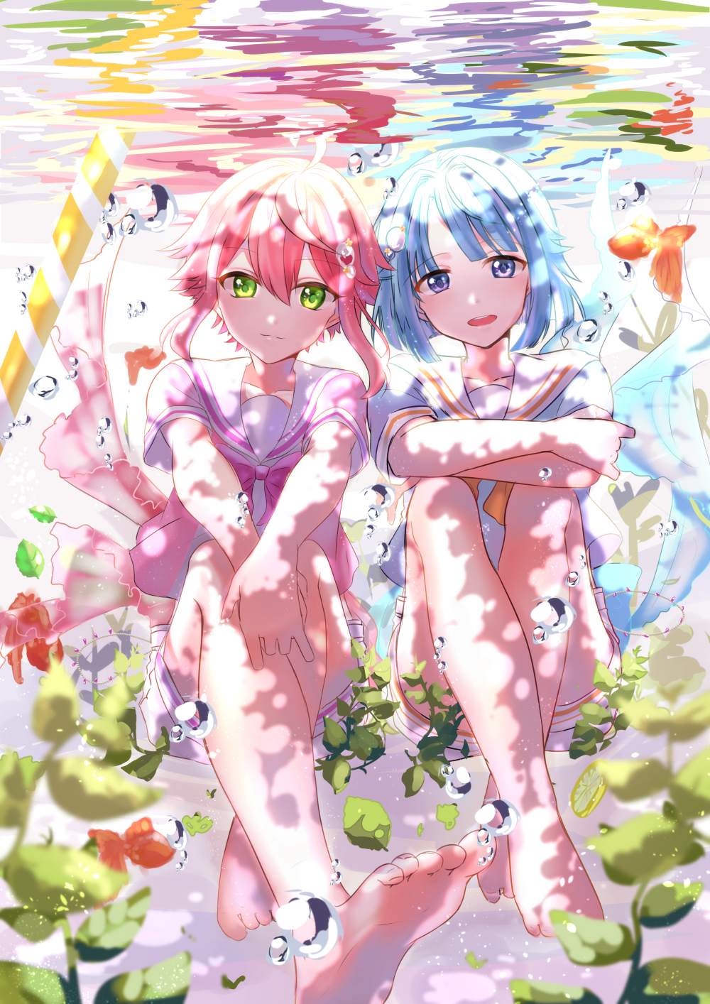 2boys, ahoge, barefoot, blue_hair, blush, ensemble_stars!, feet, green_eyes