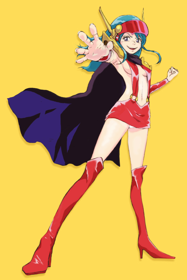 1girl, armpits, blue_eyes, blush, boots, breasts, cape, cleavage